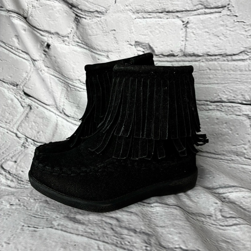 Little Girl Black Faux Suede Hippie Indie Boho Fringe Moccasin Zip Up Boots Sz 5